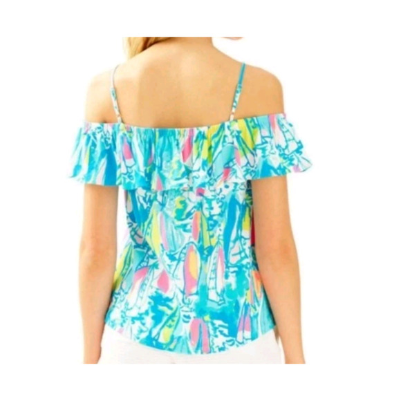 Lilly Pulitzer Top Womens XXS Blue Pink Off Shoulder Ruffle Surfboard Print Boho - Picture 3 of 16